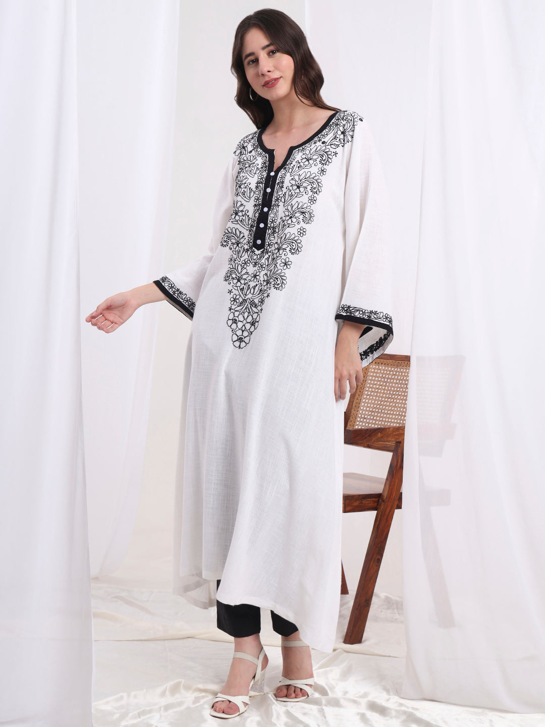 Women's Chikankari White Khadi Cotton Kaftan Style Kurta S1006