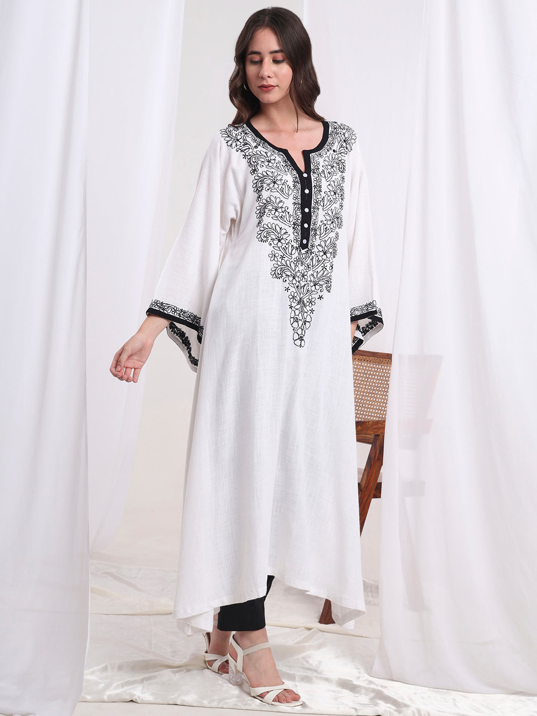 Women's Chikankari White Khadi Cotton Kaftan Style Kurta S1006