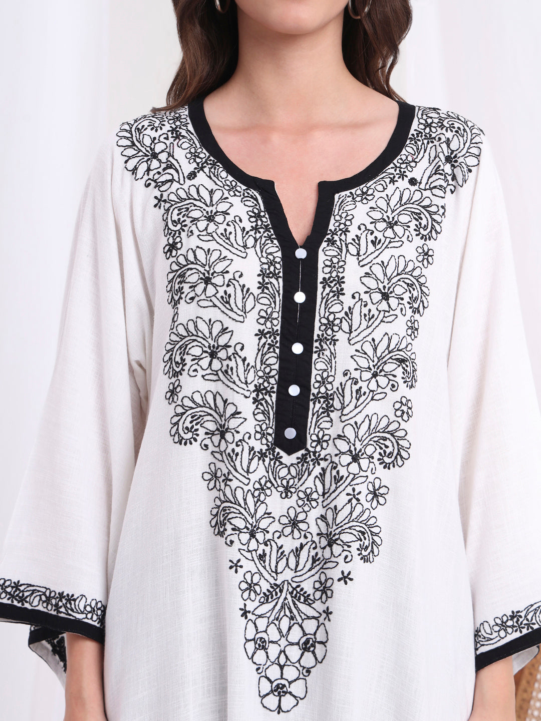 Women's Chikankari White Khadi Cotton Kaftan Style Kurta S1006