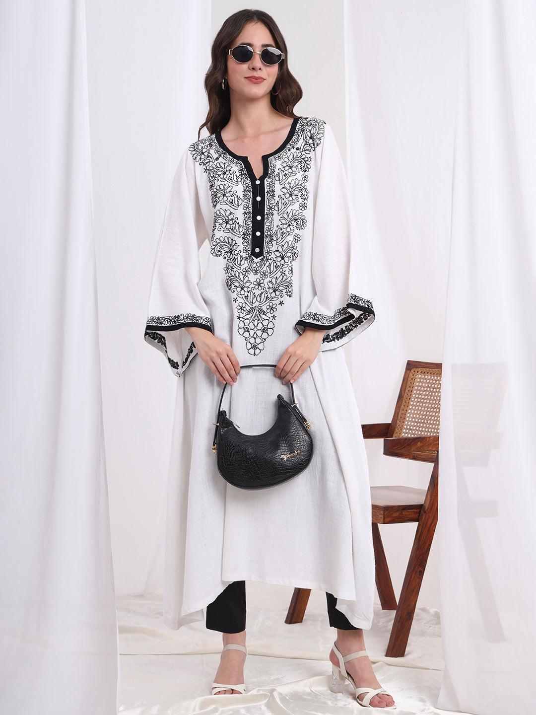 Women's Chikankari White Khadi Cotton Kaftan Style Kurta S1006
