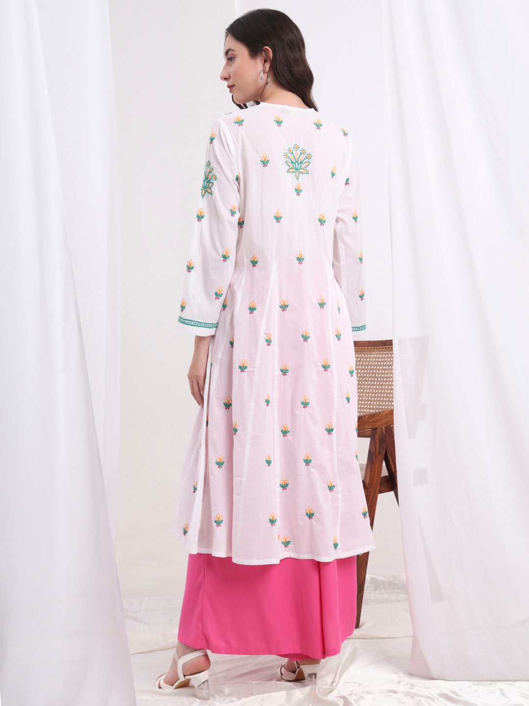 Women's Chikankari White Cotton Three Color Kalidar Kurta S1003