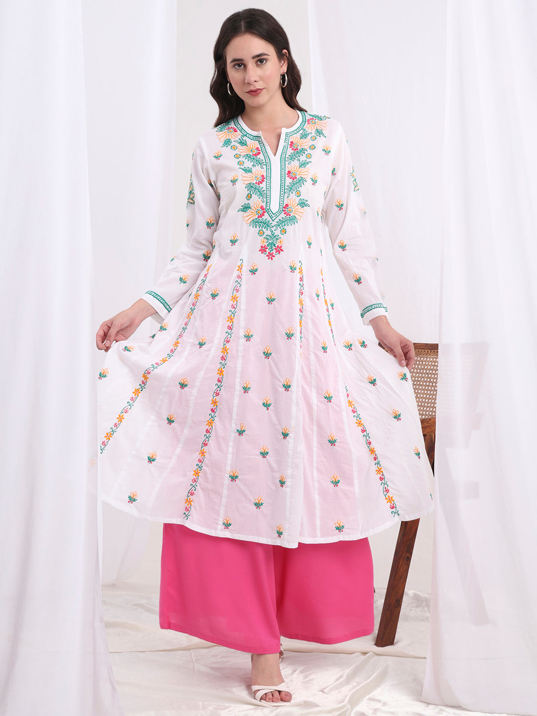 Women's Chikankari White Cotton Three Color Kalidar Kurta S1003