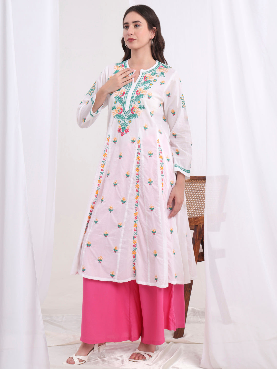 Women's Chikankari White Cotton Three Color Kalidar Kurta S1003