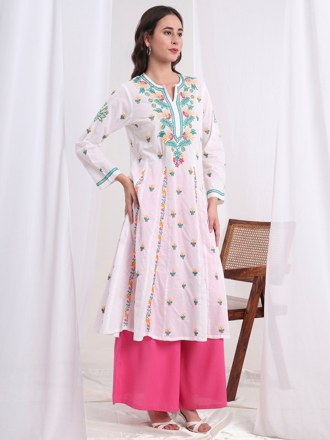 Women's Chikankari White Cotton Three Color Kalidar Kurta S1003
