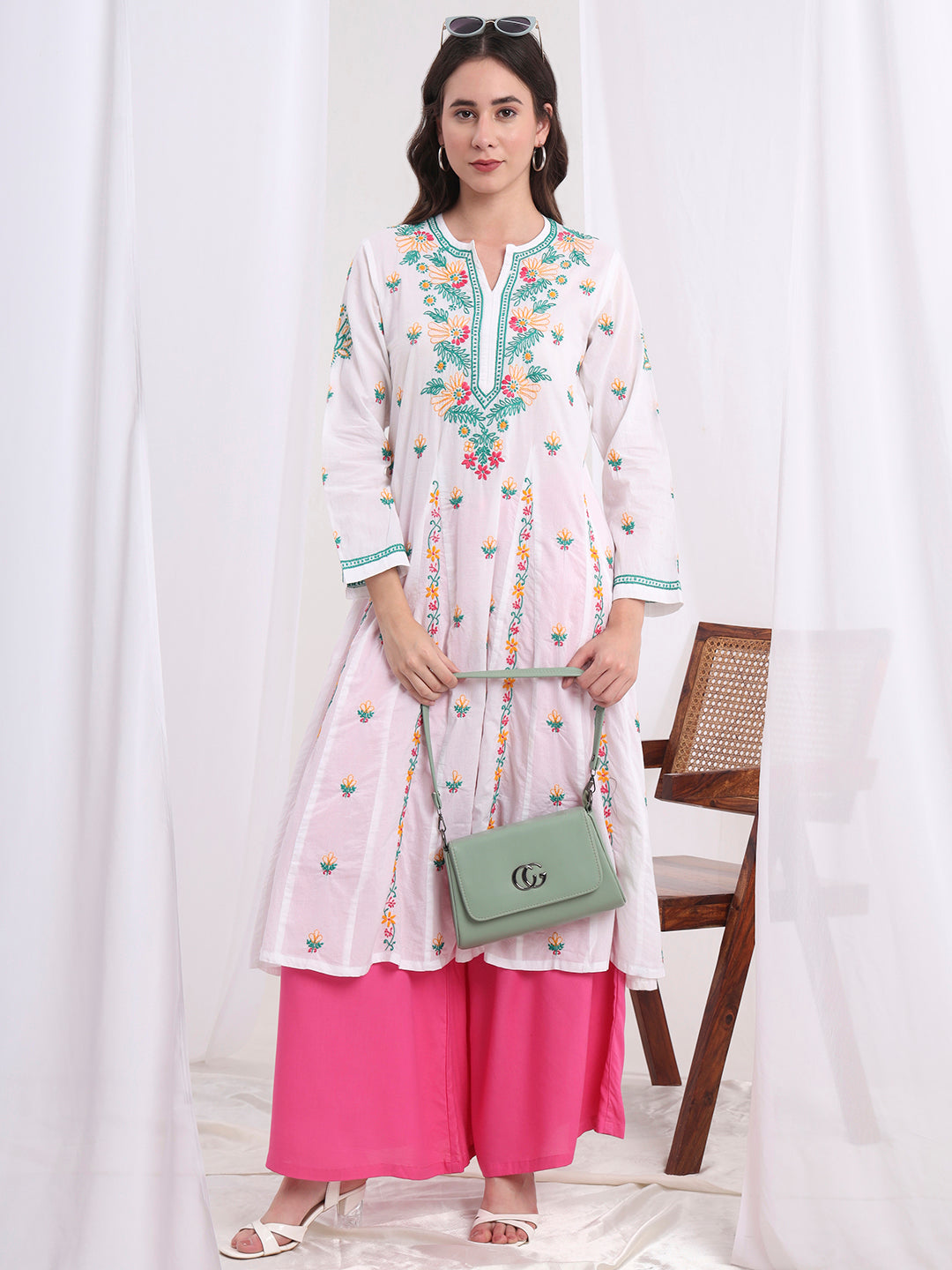 Women's Chikankari White Cotton Three Color Kalidar Kurta S1003