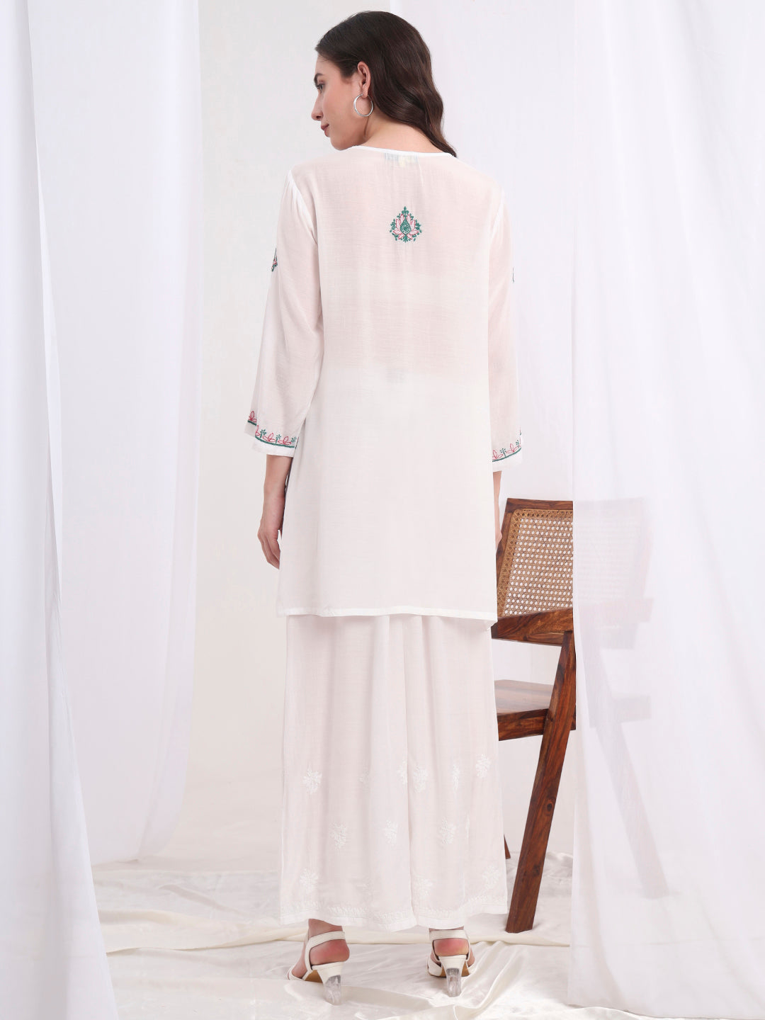Women's Chikankari Muslin White With Three Color Emboidery Kurti S1009