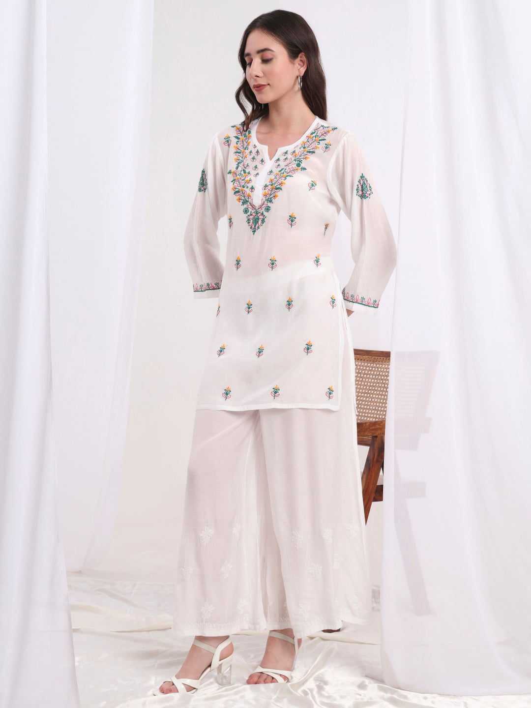 Women's Chikankari Muslin White With Three Color Emboidery Kurti S1009