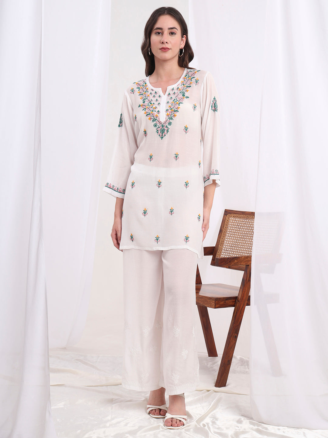 Women's Chikankari Muslin White With Three Color Emboidery Kurti S1009