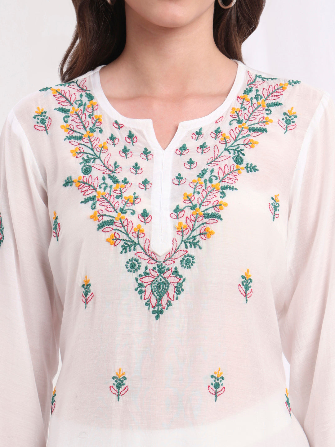 Women's Chikankari Muslin White With Three Color Emboidery Kurti S1009