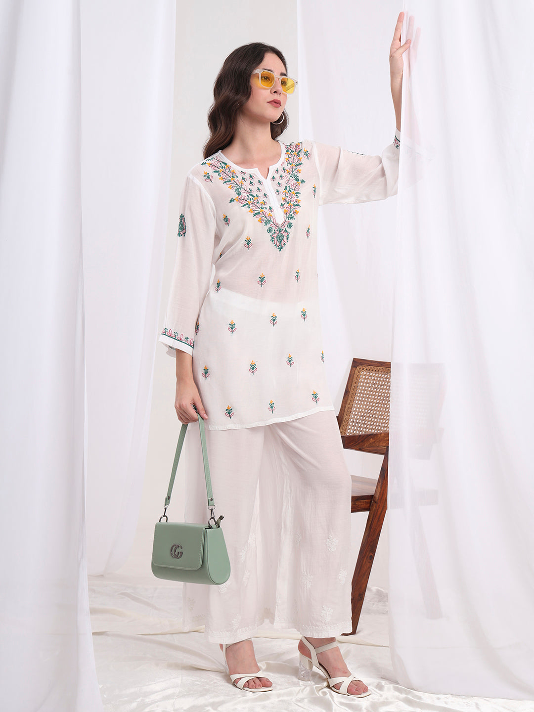 Women's Chikankari Muslin White With Three Color Emboidery Kurti S1009