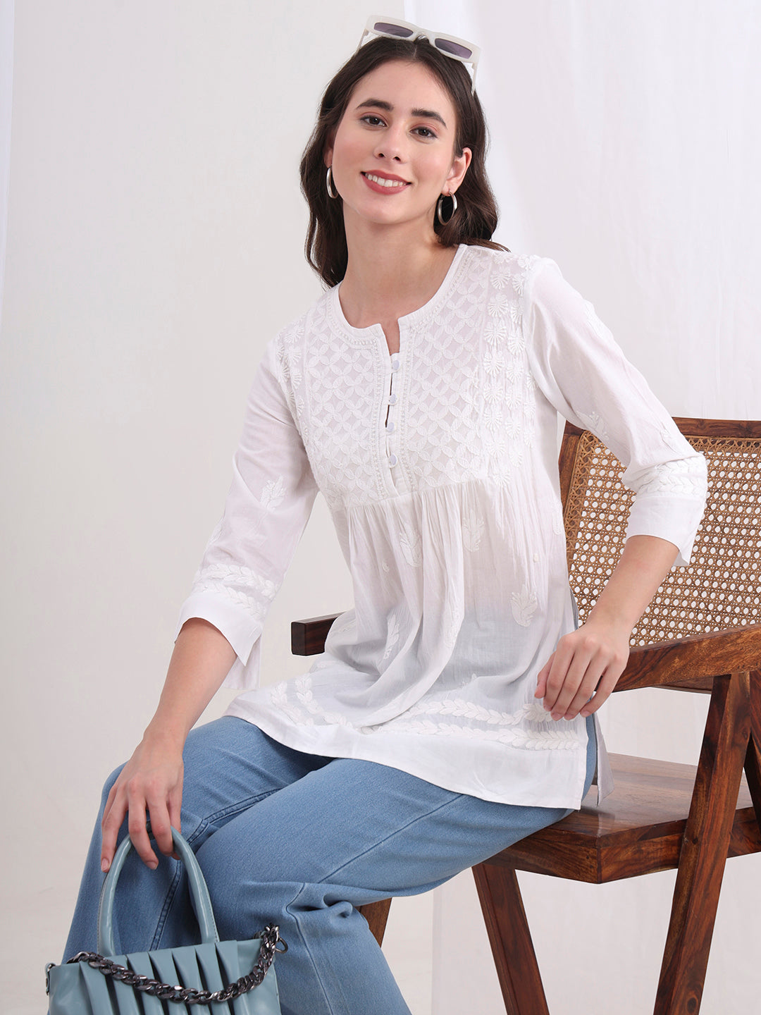 Women's Chikankari Cotton White Kurti S1010