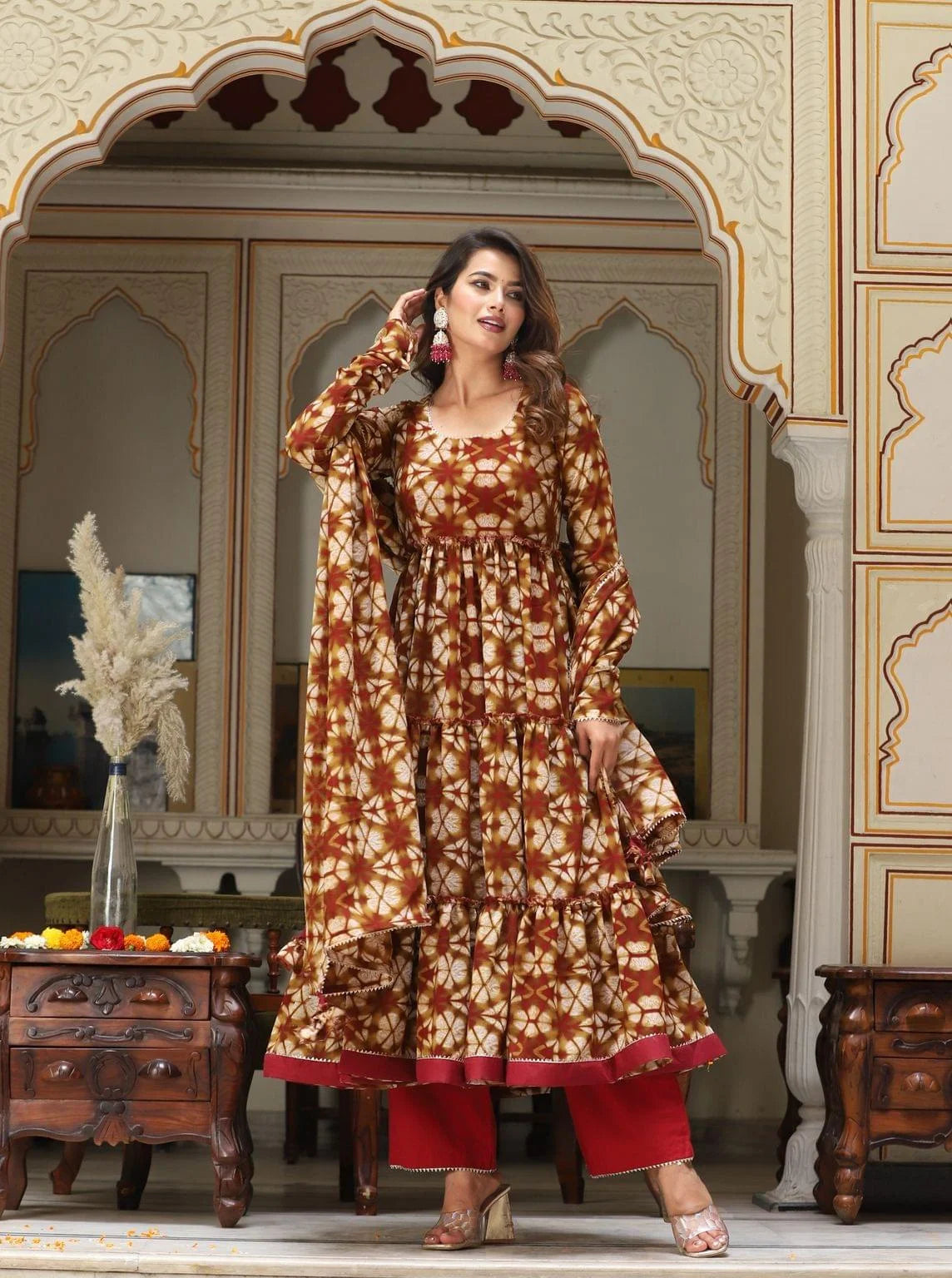 Women's Maroon Cosmos Tiered Anarkali Set