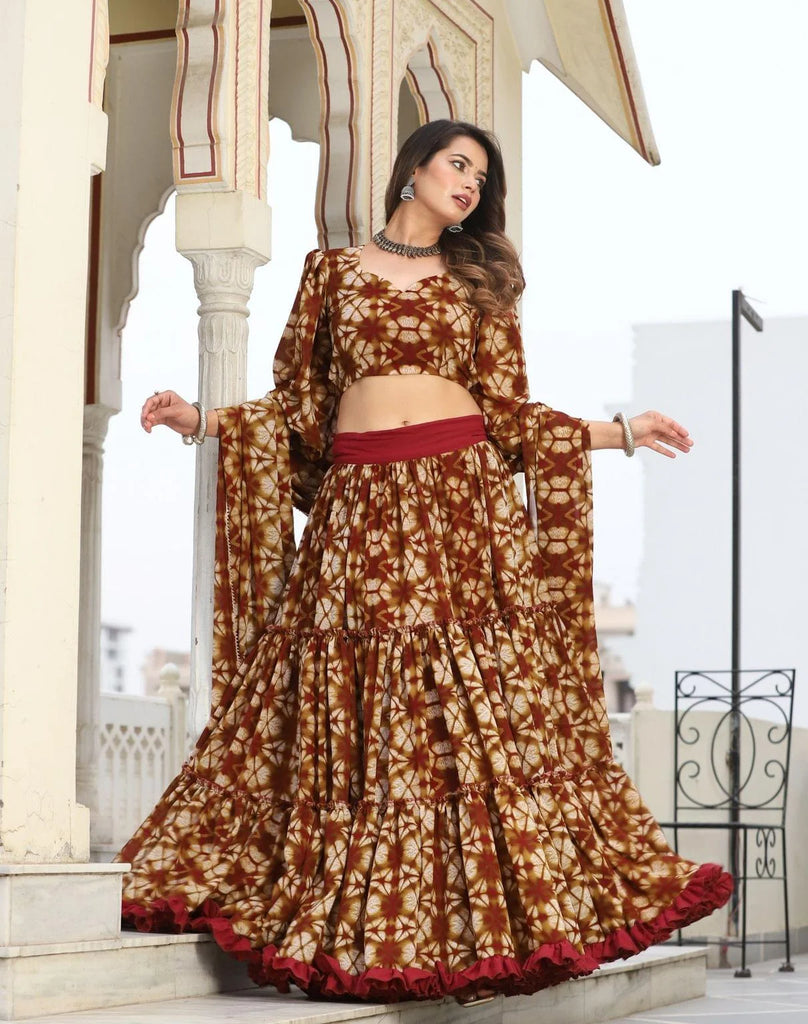 Women's Maroon Cosmos Tiered Lehenga