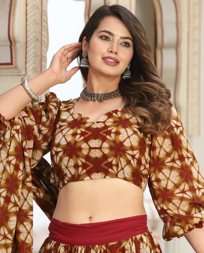 Women's Maroon Cosmos Tiered Lehenga