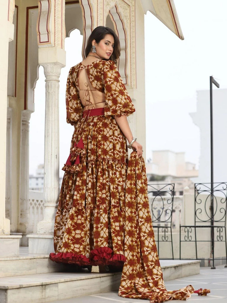 Women's Maroon Cosmos Tiered Lehenga