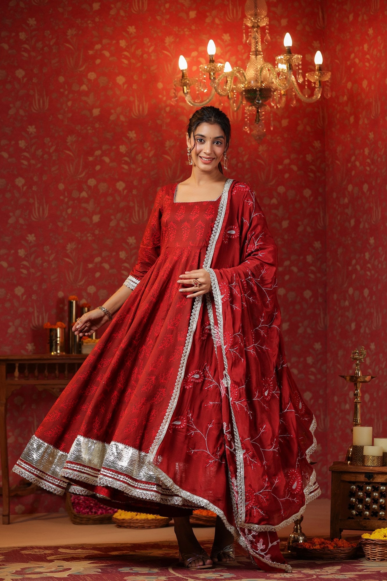 Women's Maroon Cotton Square Neck Anarkali Set With Embroidery