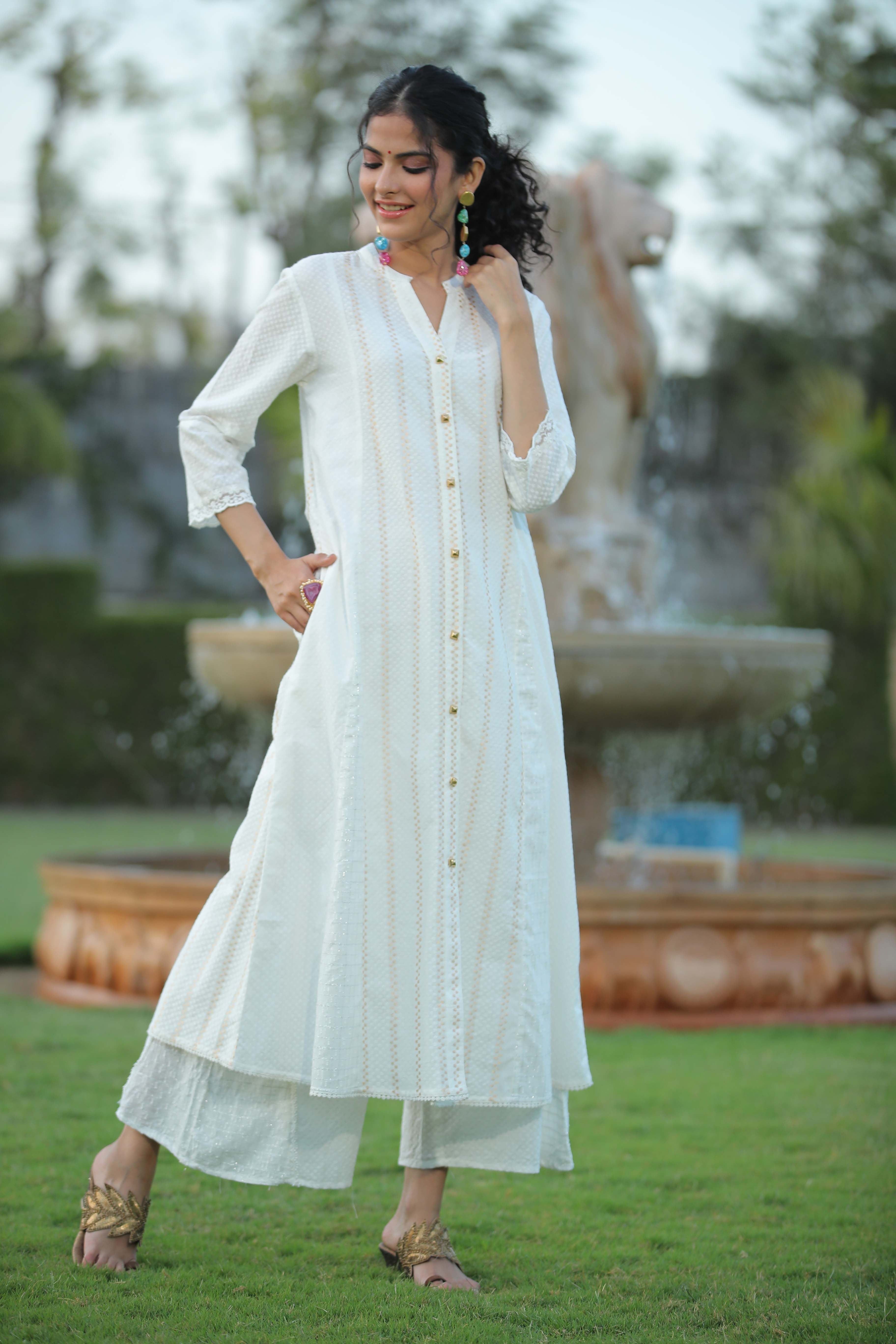 Women's White Cotton Dobby Printed A-Line Kurta With Mask - Final Clearance Sale