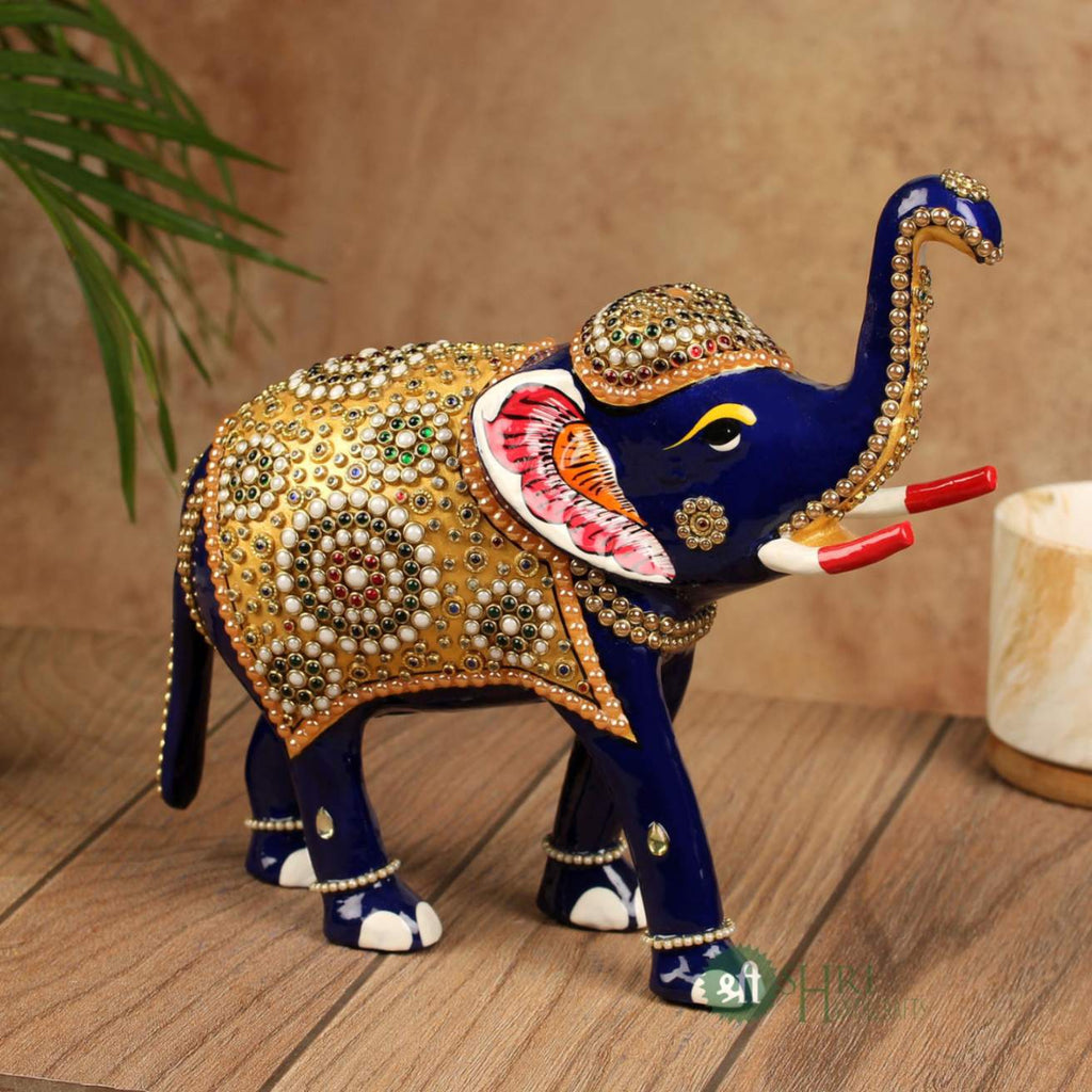 Metal Elephant Idol 8 Inch | Meenakari Jewellery Stone Painting