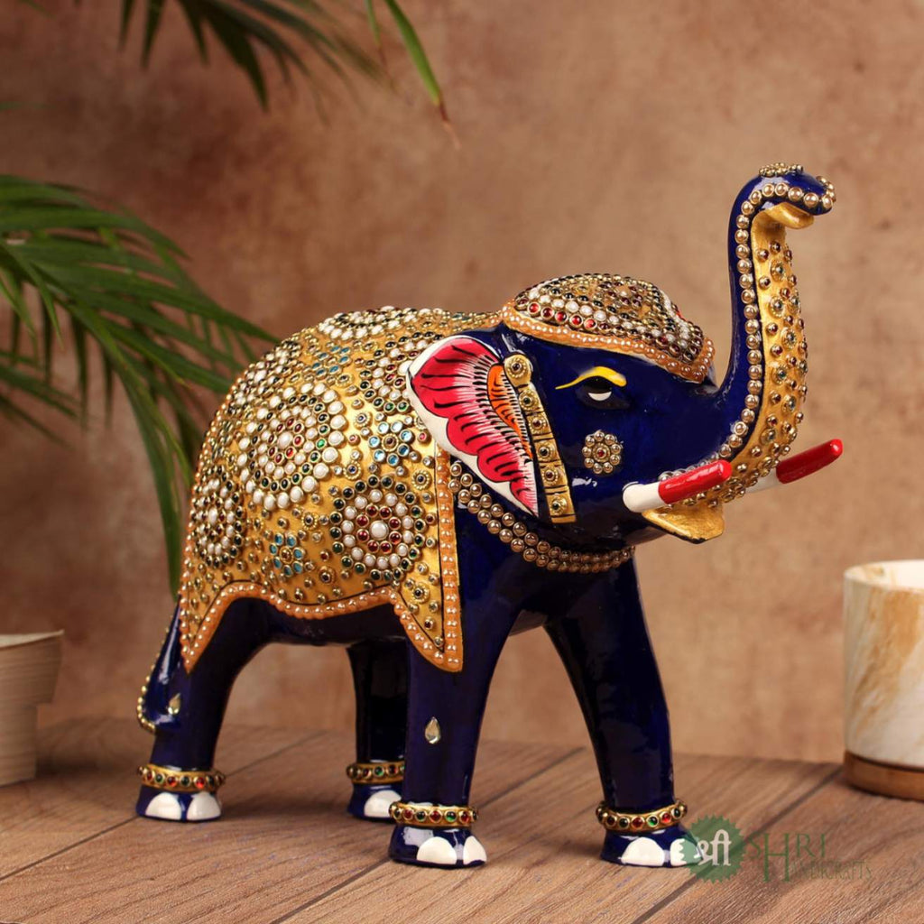 10" Metal Elephant Idol with Meenakari Jewellery Stone Painting | Handcrafted Décor Figurine