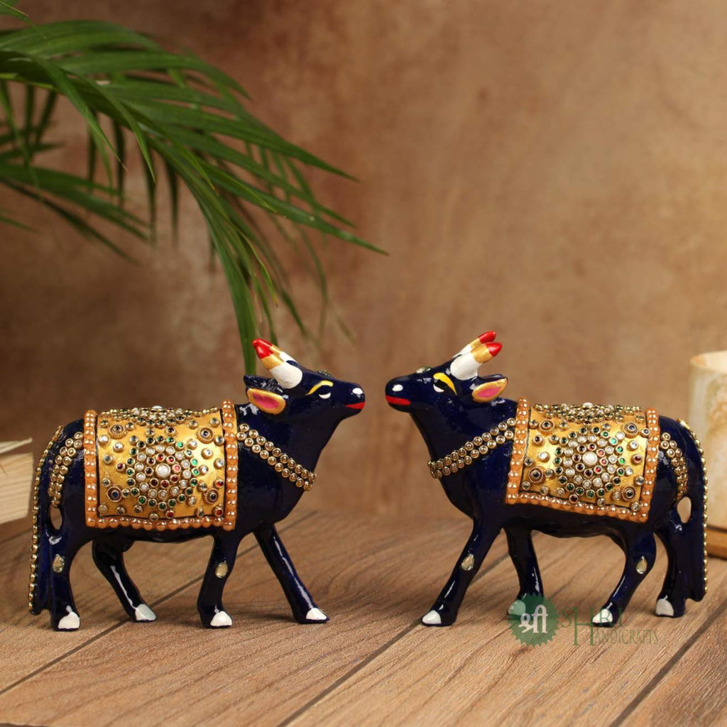Handcrafted Cow Stone Painting with Gemstone Embellishments – 4 Inch