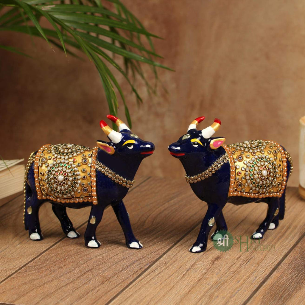 Handcrafted Cow Stone Painting with Gemstone Embellishments – 5 Inch