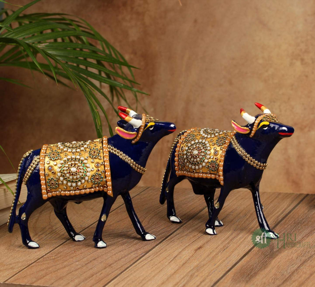 Handcrafted Cow Stone Painting with Gemstone Embellishments – 6 Inch