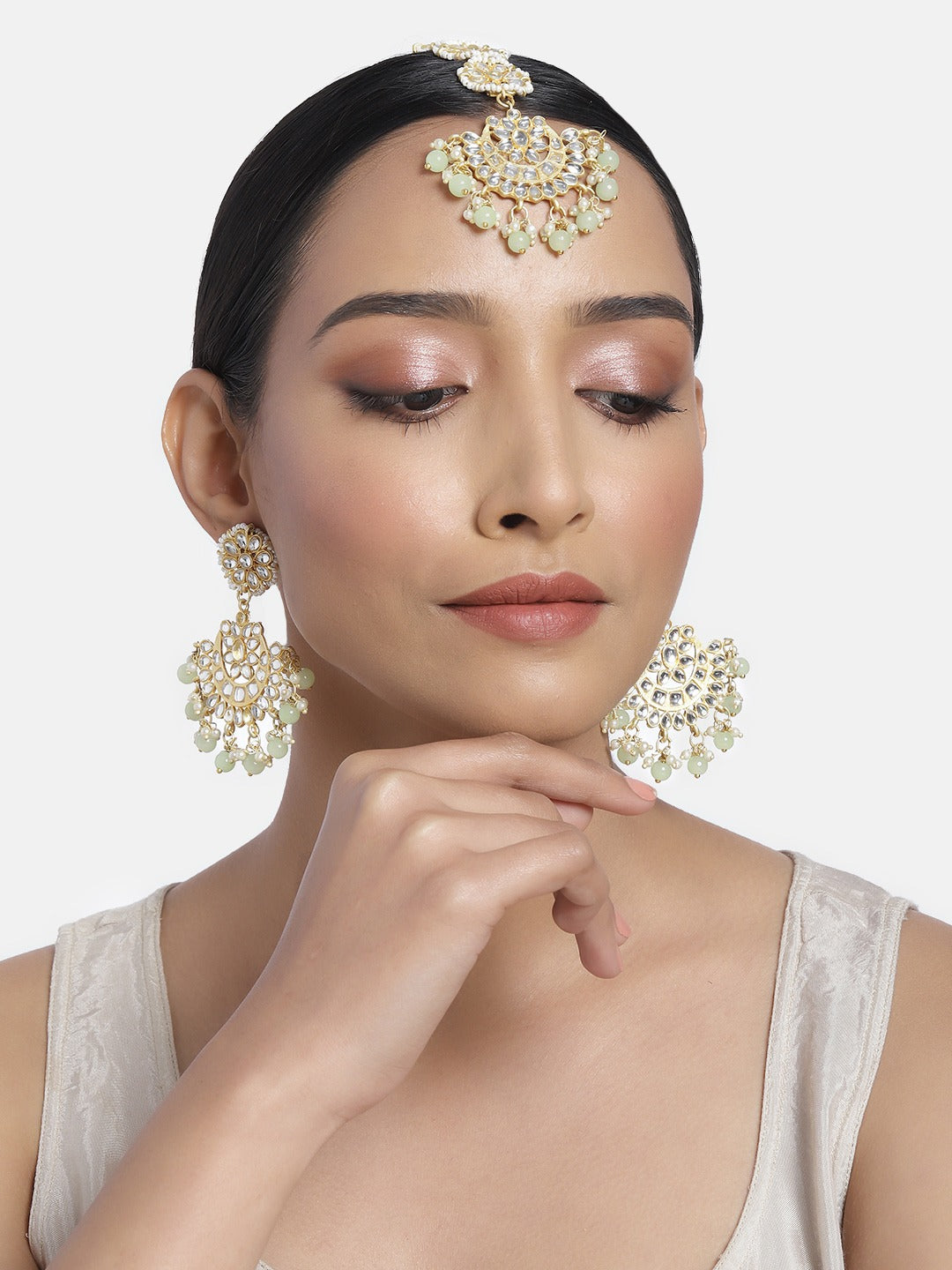 Women's Traditional Gold Plated Chandbali Kundan & Pearl Earring Set with Maang Tikka