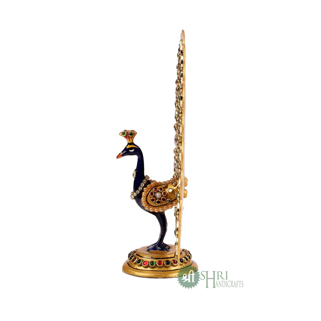 6" Standing Metal Peacock Idol with Meenakari Jewellery Stone Painting | Handcrafted Décor Figurine