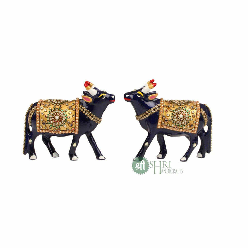 Handcrafted Cow Stone Painting with Gemstone Embellishments – 4 Inch