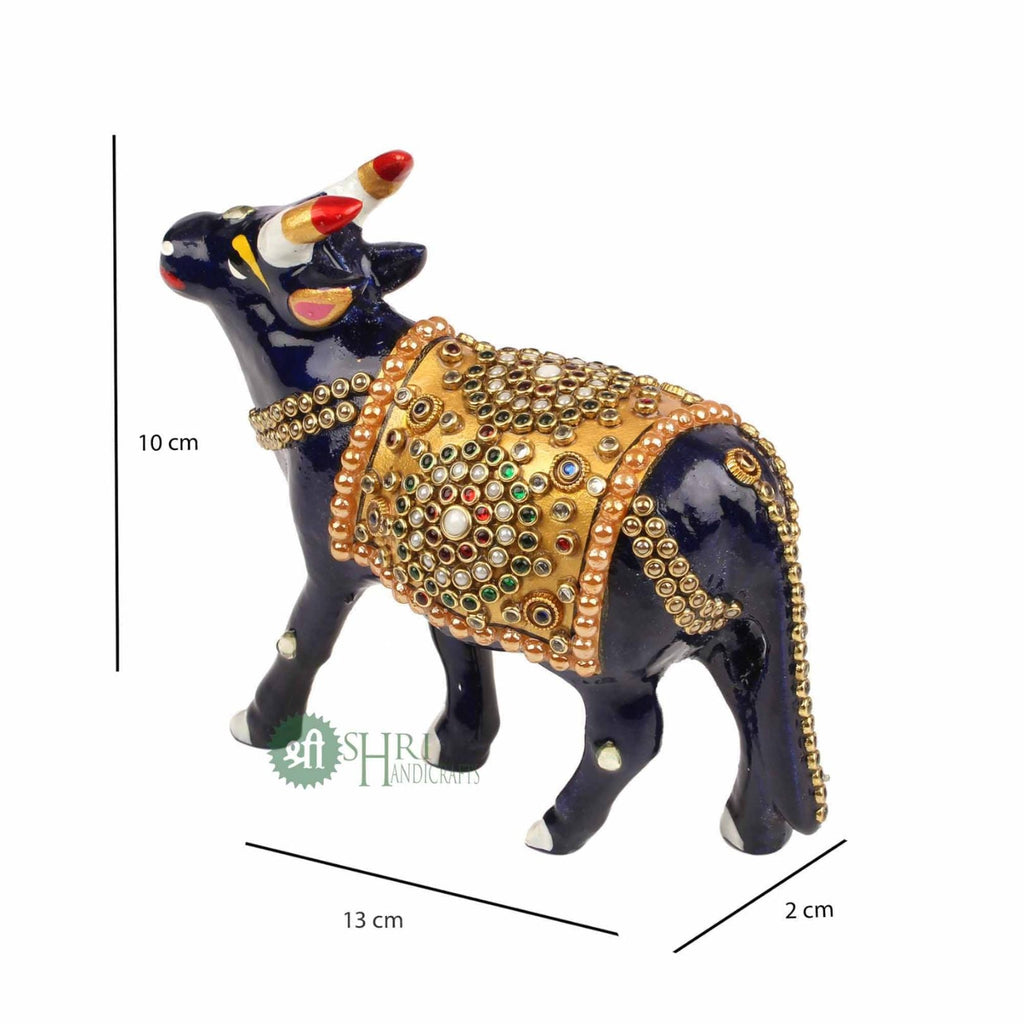 Handcrafted Cow Stone Painting with Gemstone Embellishments – 4 Inch