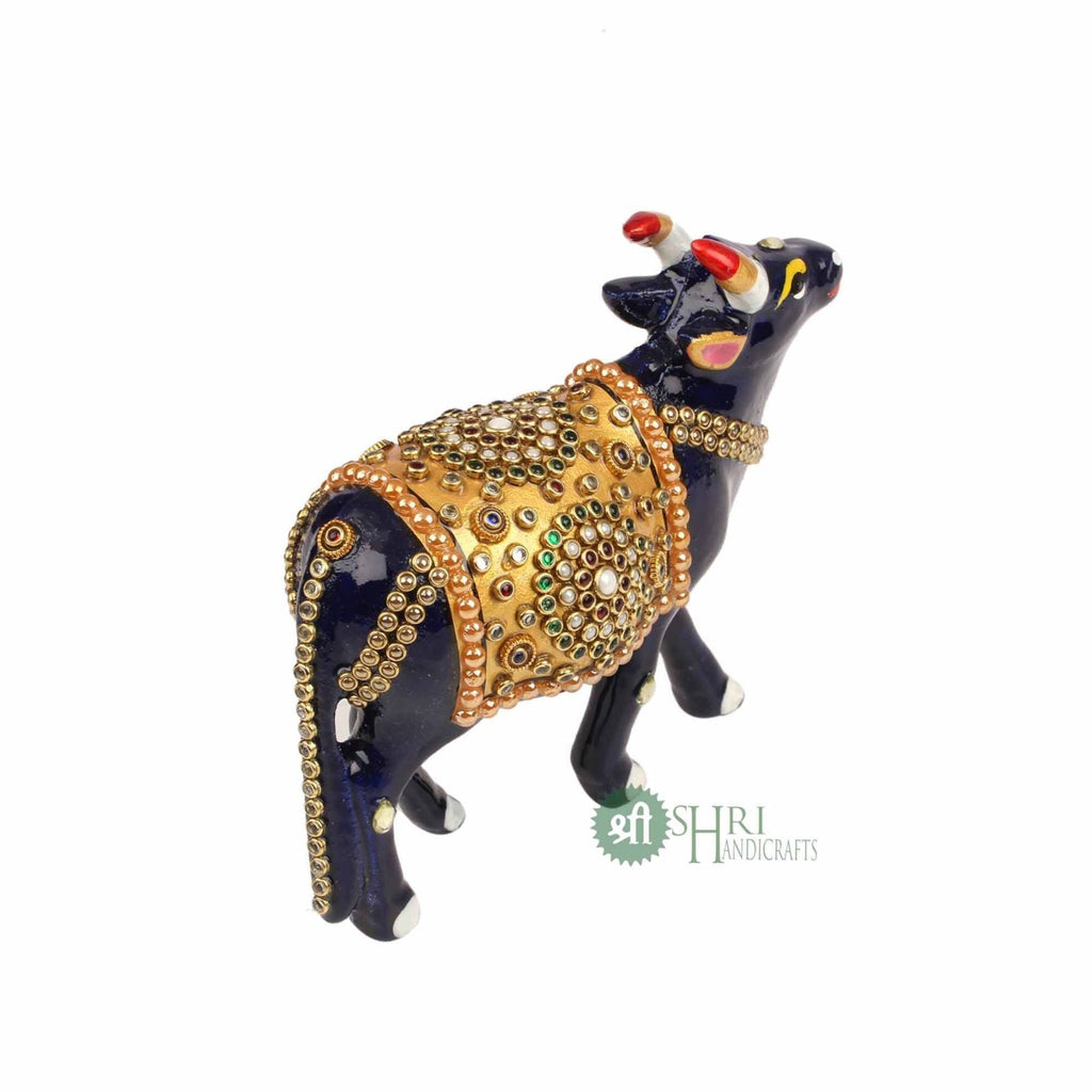 Handcrafted Cow Stone Painting with Gemstone Embellishments – 4 Inch