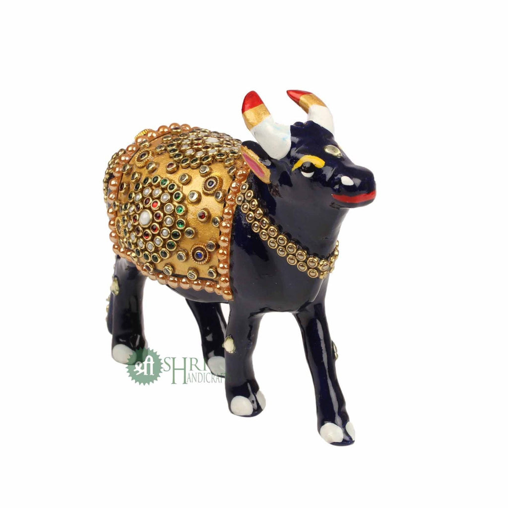 Handcrafted Cow Stone Painting with Gemstone Embellishments – 4 Inch