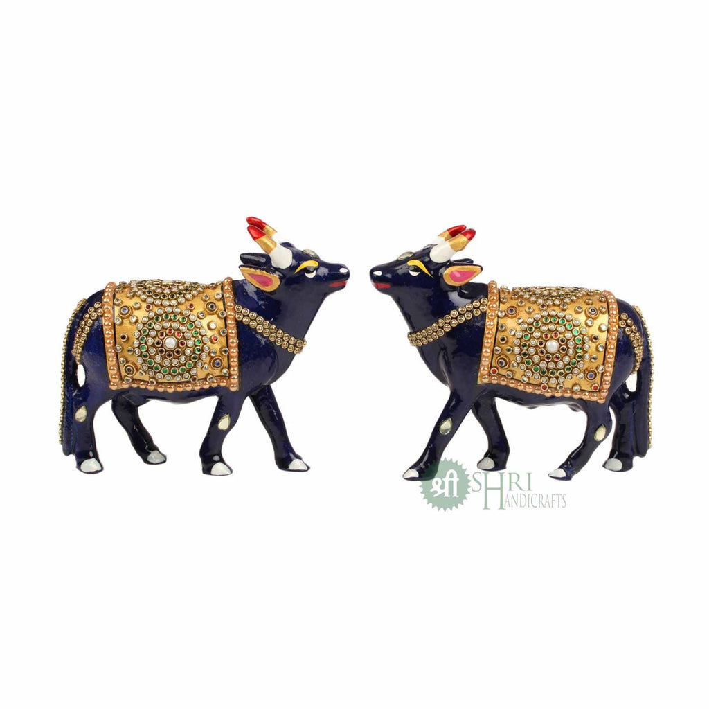 Handcrafted Cow Stone Painting with Gemstone Embellishments – 5 Inch
