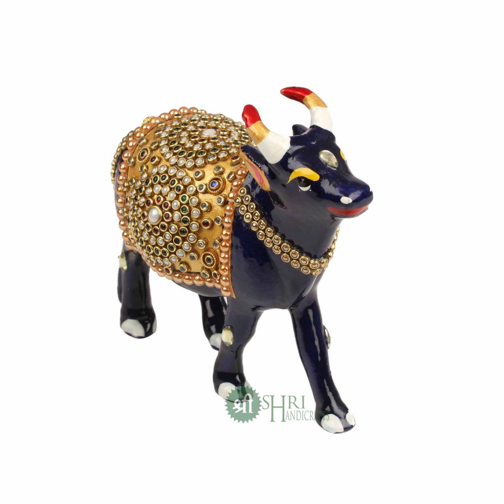 Handcrafted Cow Stone Painting with Gemstone Embellishments – 5 Inch