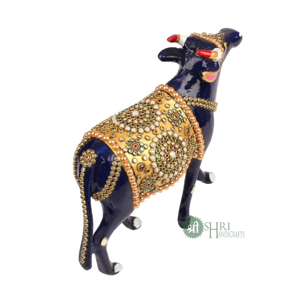 Handcrafted Cow Stone Painting with Gemstone Embellishments – 6 Inch