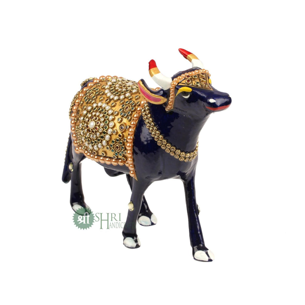Handcrafted Cow Stone Painting with Gemstone Embellishments – 6 Inch