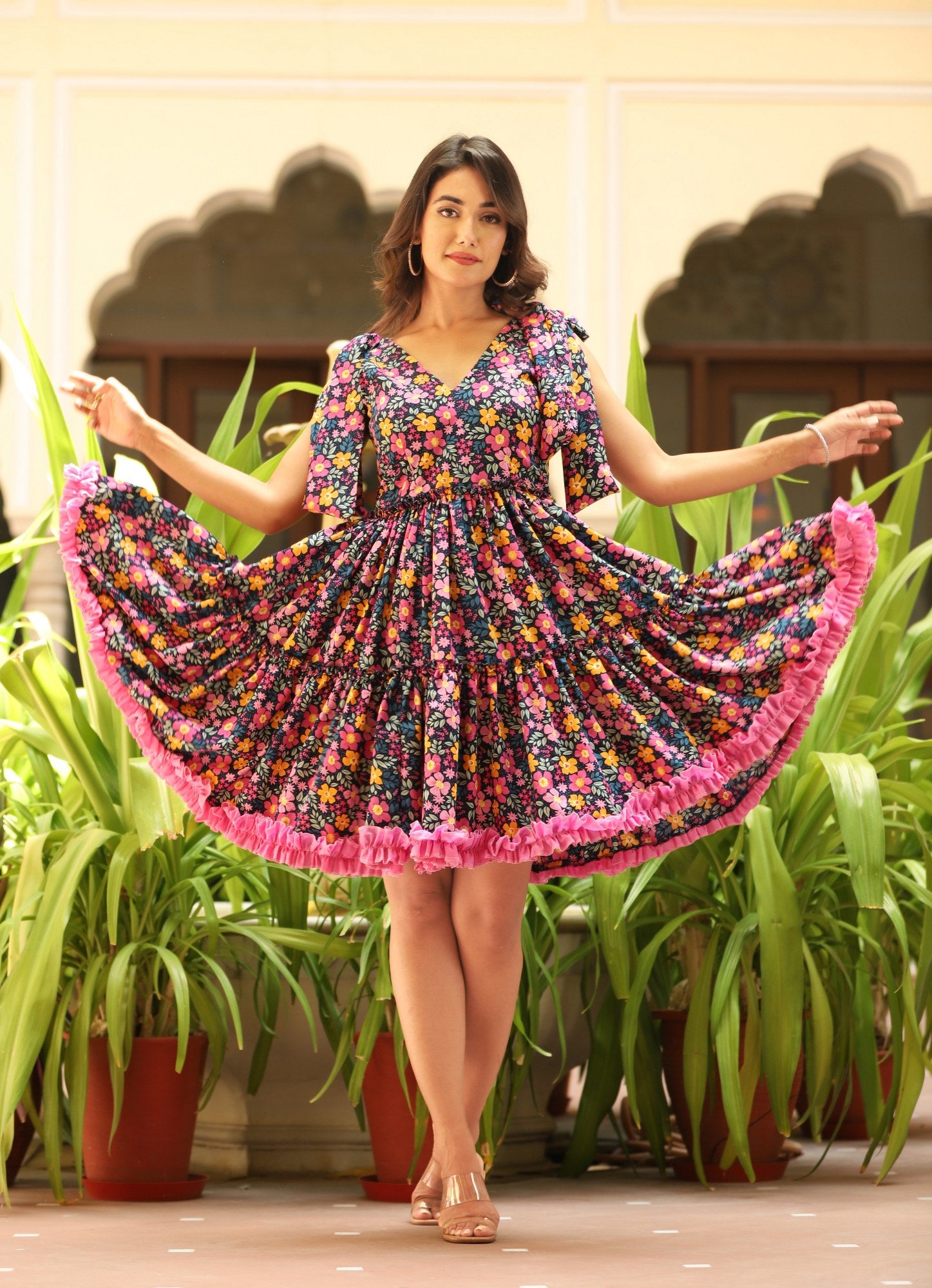 Women's Multicolor Floral Tiered Dress - Lado Jaipuri