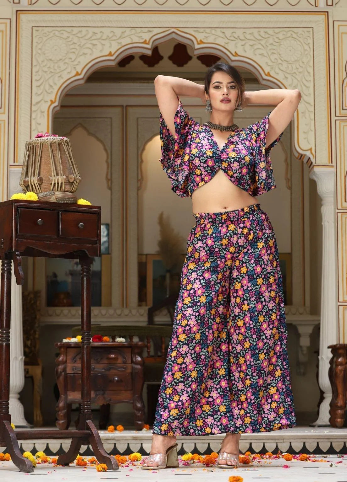 Women's Multicolor Floral Top Palazzo Set - Lado Jaipuri