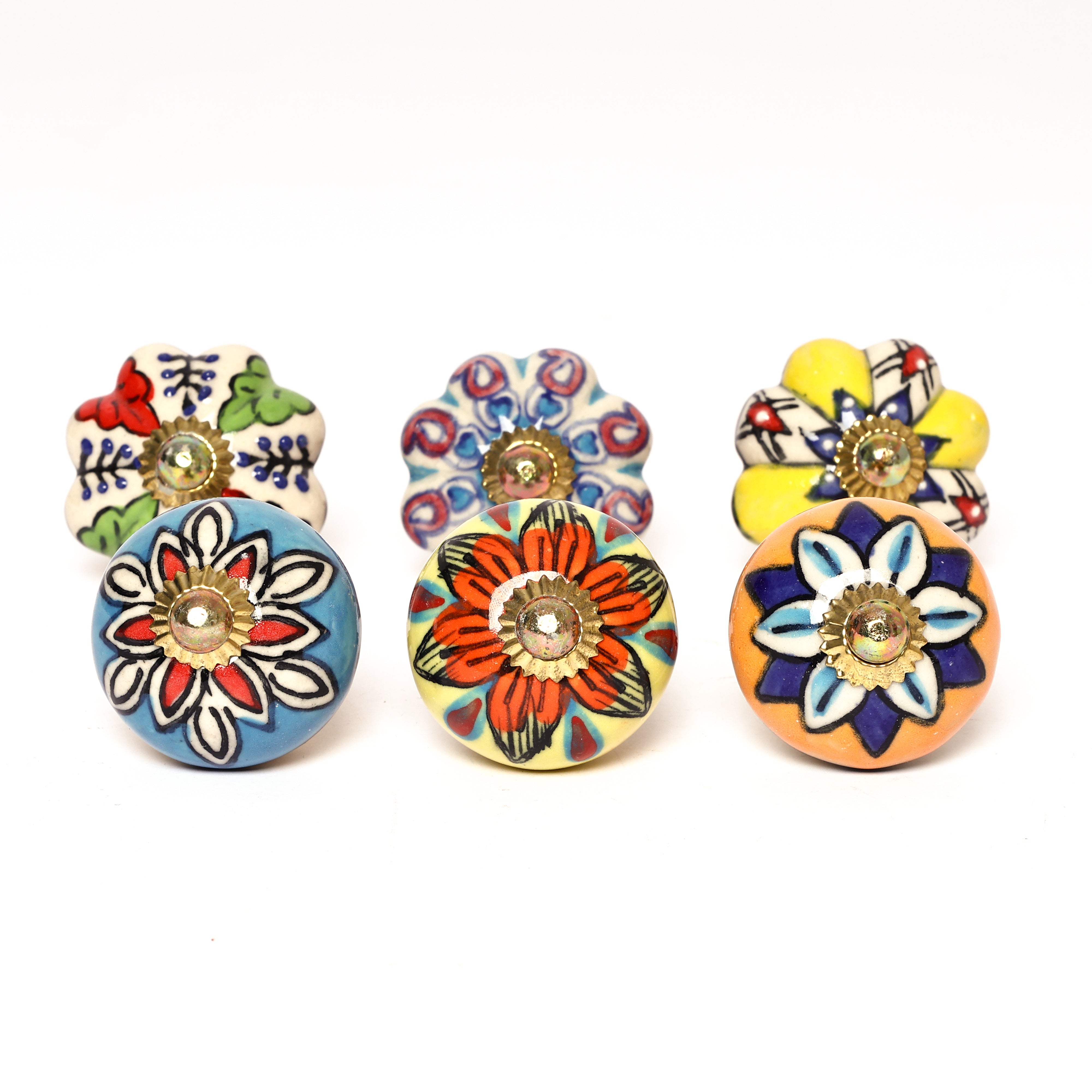 Multicoloured Handcrafted and Hand painted Ceramic Knobs—Round and Melon Shaped—Set of 6—Abstract Pattern