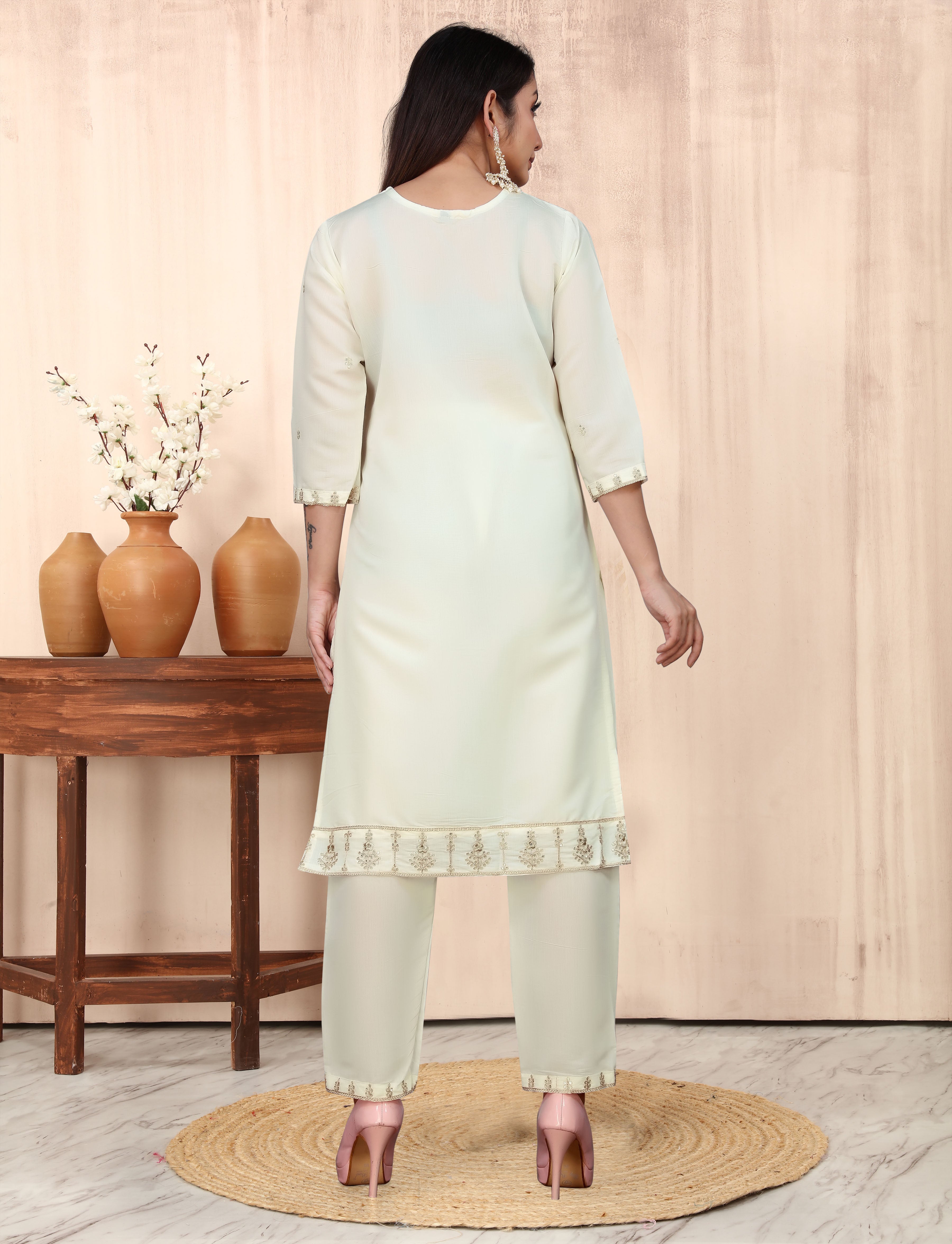 Women's V-Neck Sequence Embroidered Work Silk Blend Fabric Kurta & Pant Set Comes With Net Embroidered Dupatta - Taantav