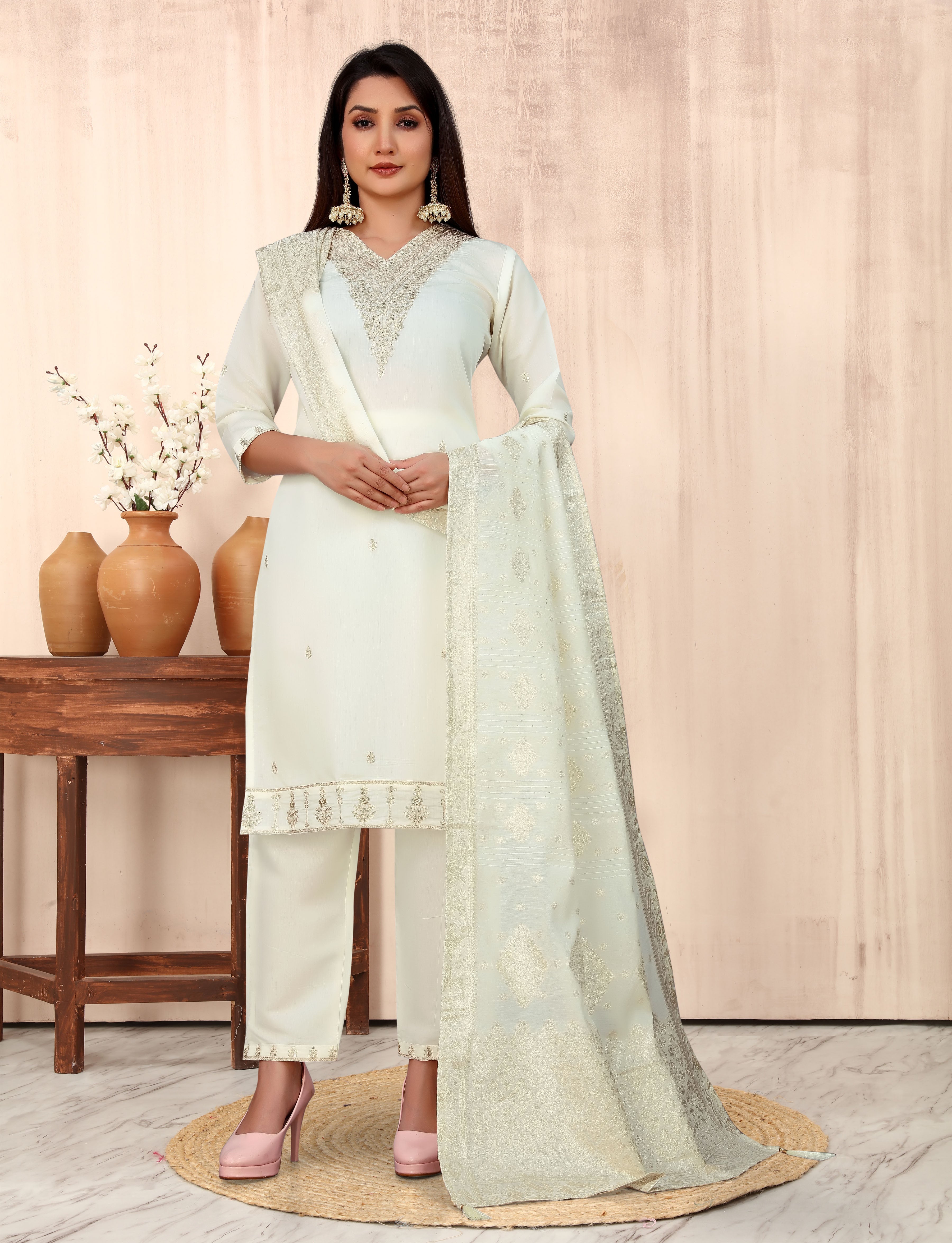 Women's V-Neck Sequence Embroidered Work Silk Blend Fabric Kurta & Pant Set Comes With Net Embroidered Dupatta - Taantav