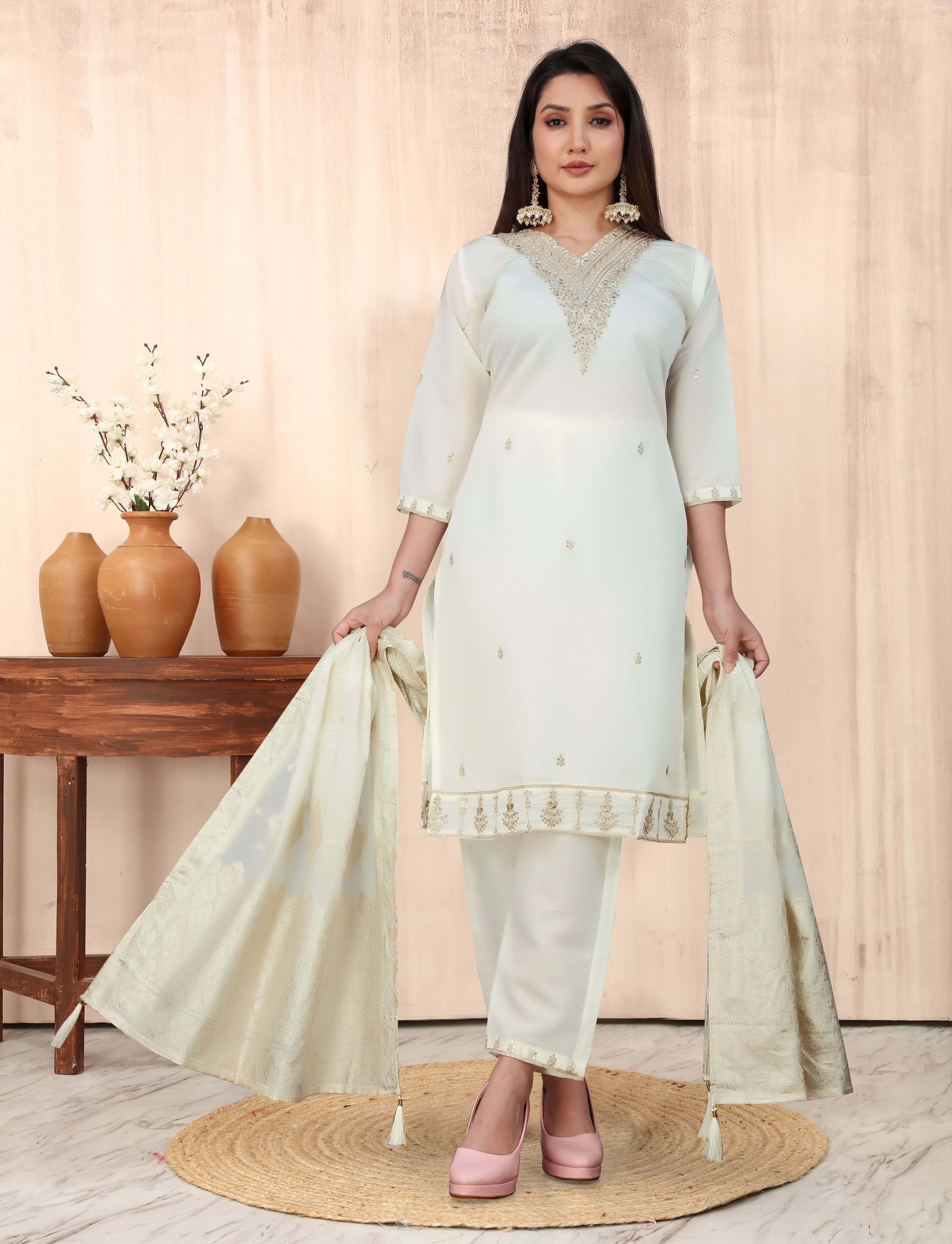 Women's V-Neck Sequence Embroidered Work Silk Blend Fabric Kurta & Pant Set Comes With Net Embroidered Dupatta - Taantav