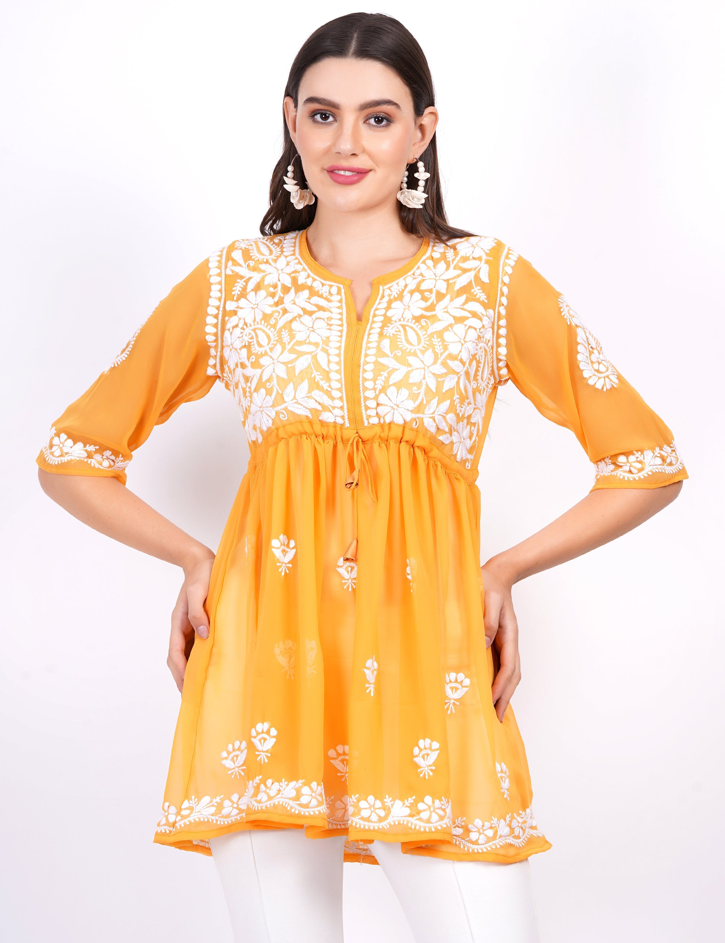Women's Mustard Georgette Chikankari Peplum Dress