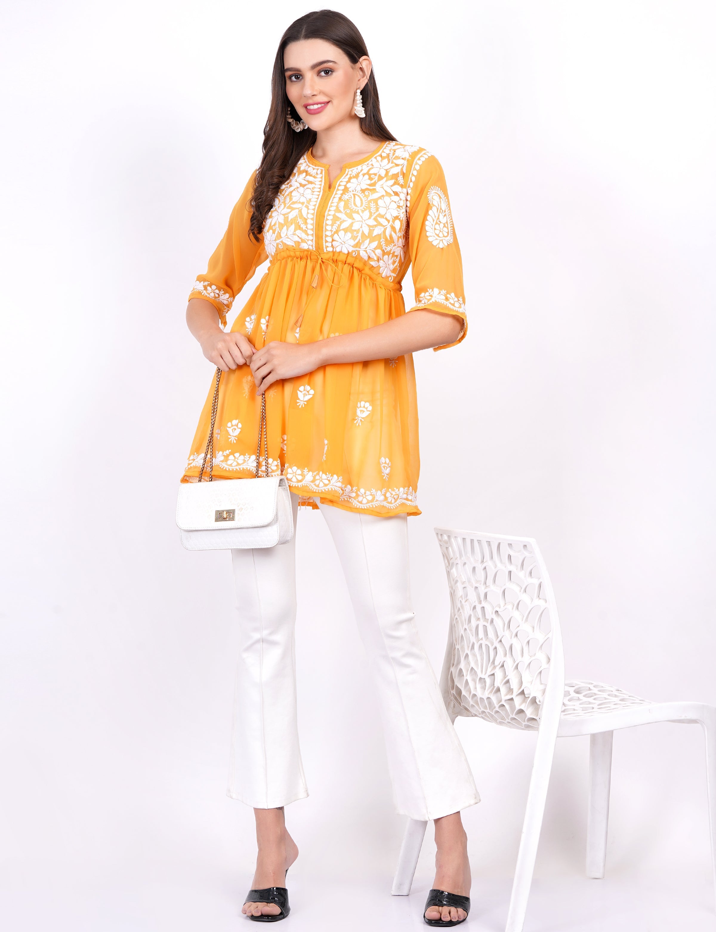 Women's Mustard Georgette Chikankari Peplum Dress