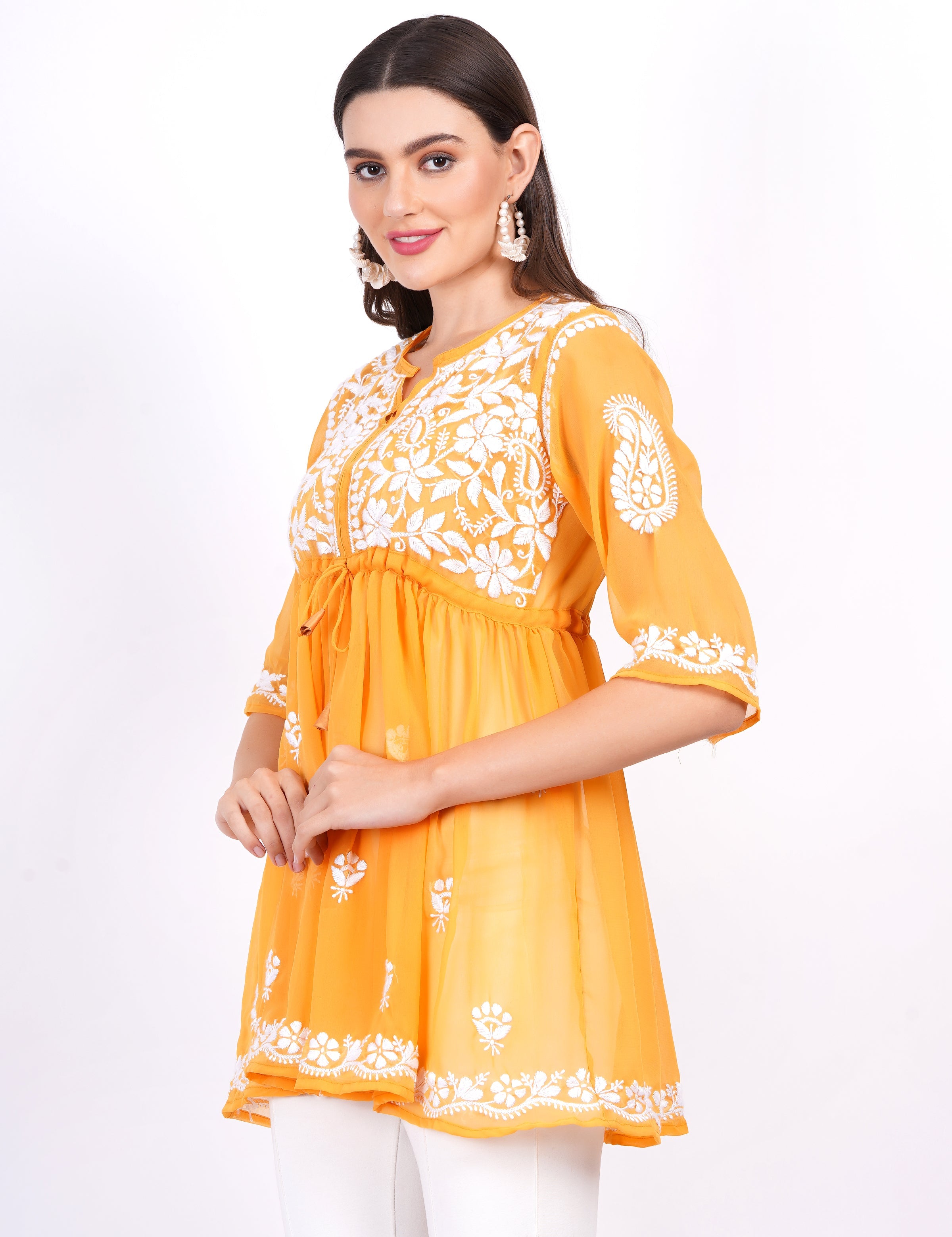 Women's Mustard Georgette Chikankari Peplum Dress