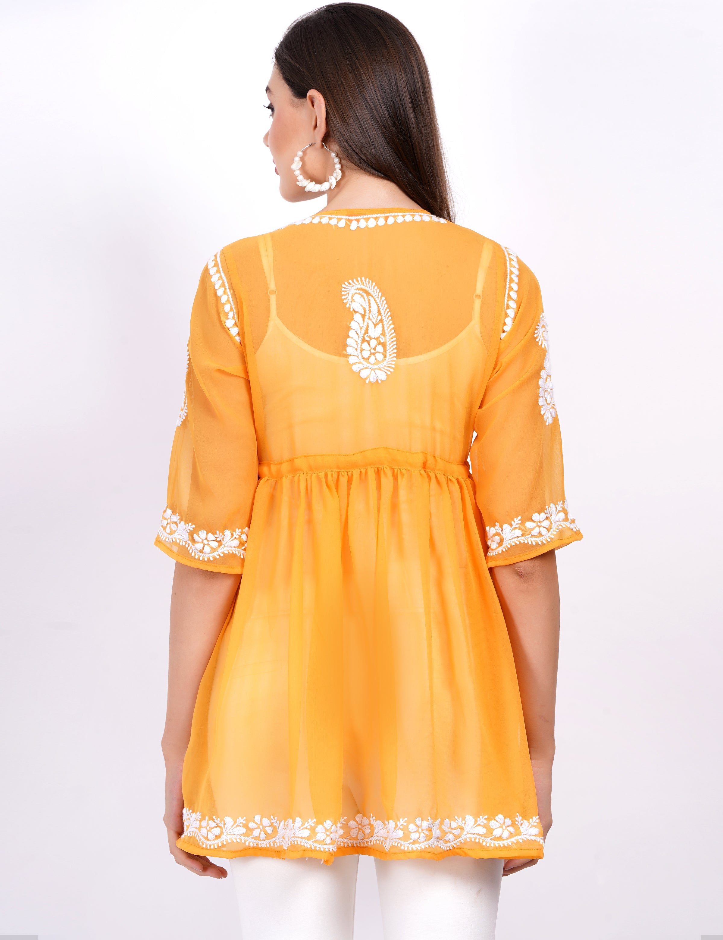 Women's Mustard Georgette Chikankari Peplum Dress
