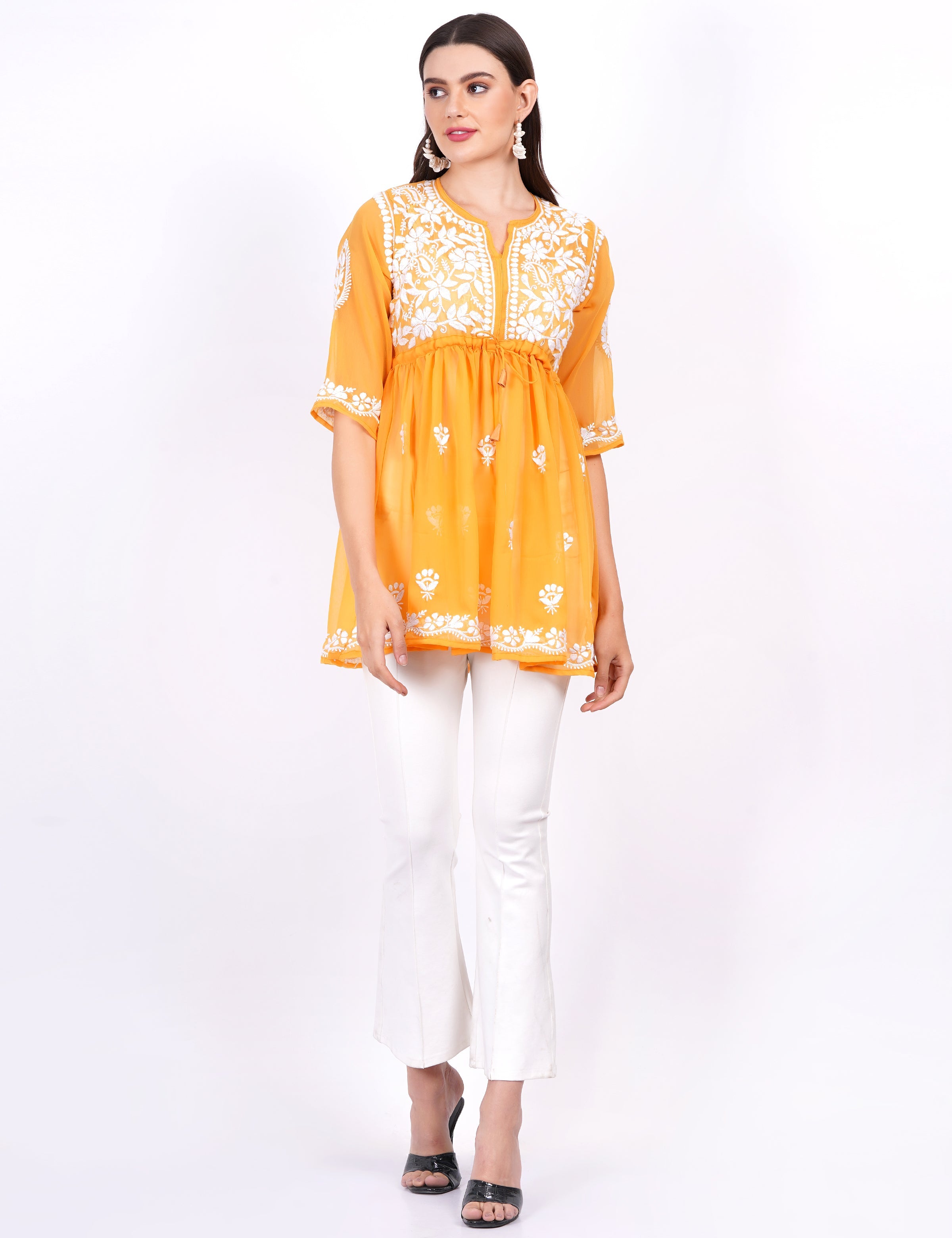 Women's Mustard Georgette Chikankari Peplum Dress