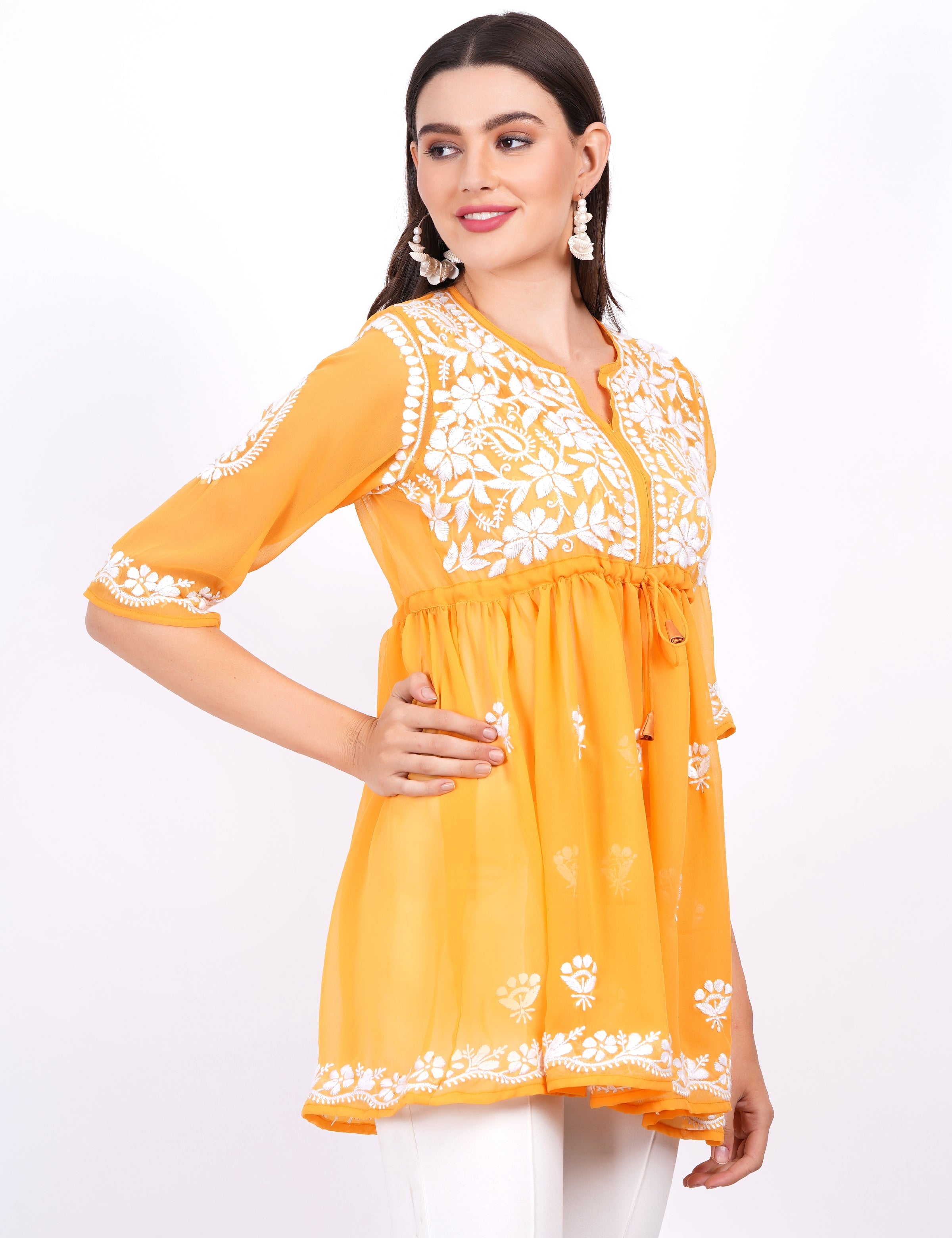 Women's Mustard Georgette Chikankari Peplum Dress