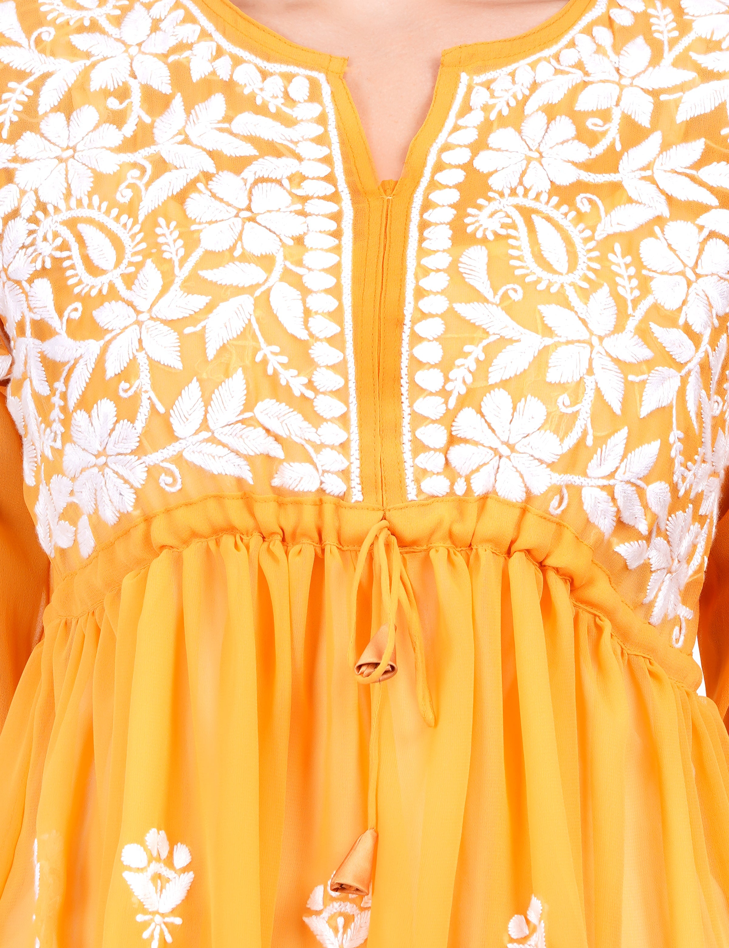 Women's Mustard Georgette Chikankari Peplum Dress