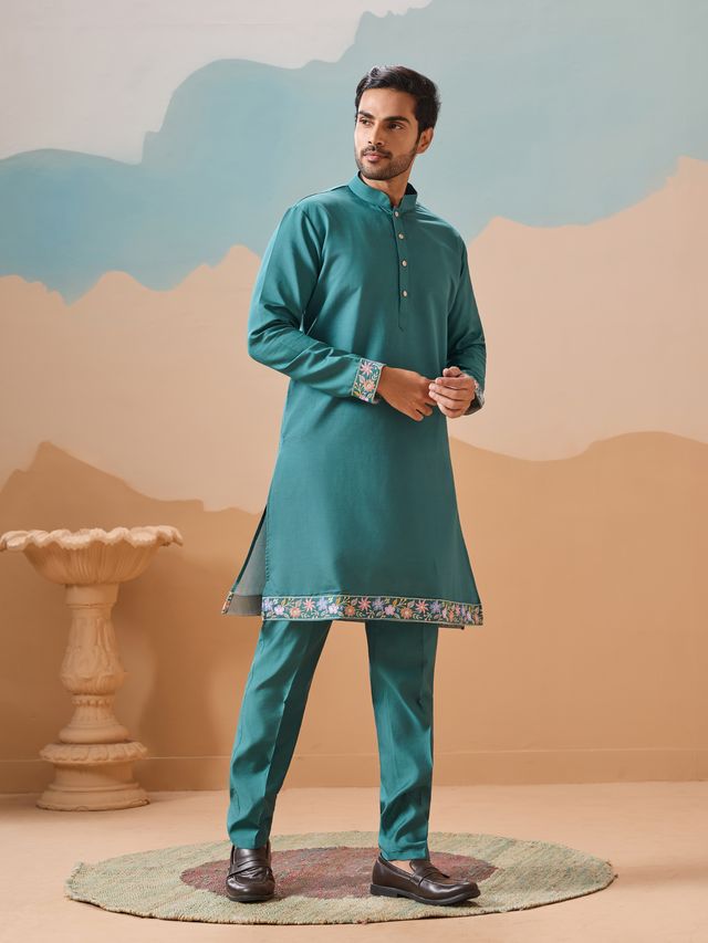 Men's Rama Green Viscose Silk Multi Thread With Sequence Embroidered Work Kurta Set